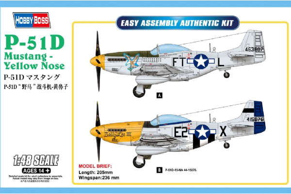 RC Radiostyrt Byggmodell flygplan - P-51D Mustang - Yellow Nose - 1:48 - HobbyBoss