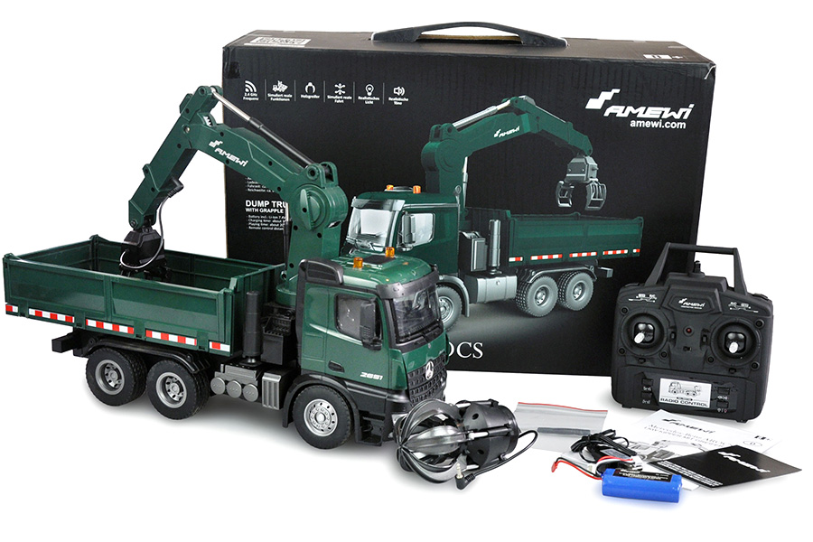 Radiostyrd kranbil - Mercedes Benz Arocs Tippvagn grön - 1:14 - 2,4GHz - RTR