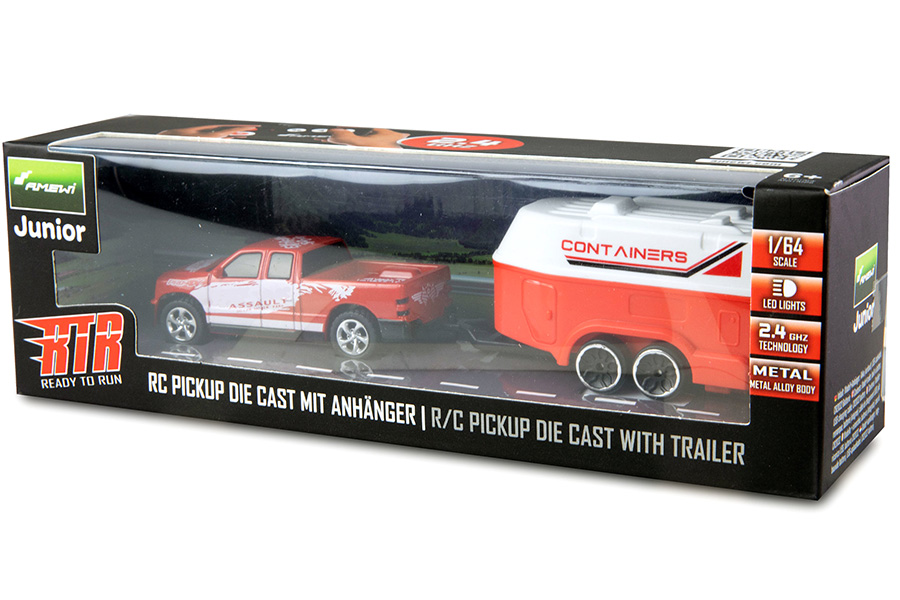 Radiostyrd bil - 1:64 - RC Pickup Die Cast med släp - Röd - RTR