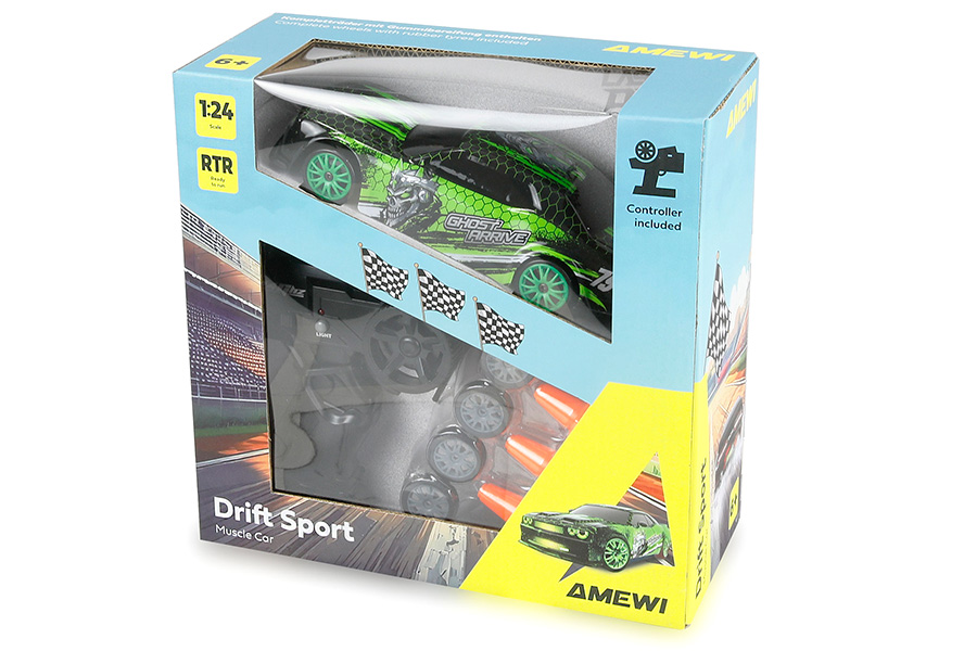 Thumbnail 654 fr Radiostyrd bil - Drift Car Muscle Car 4WD - Green - 1:24 - RTR