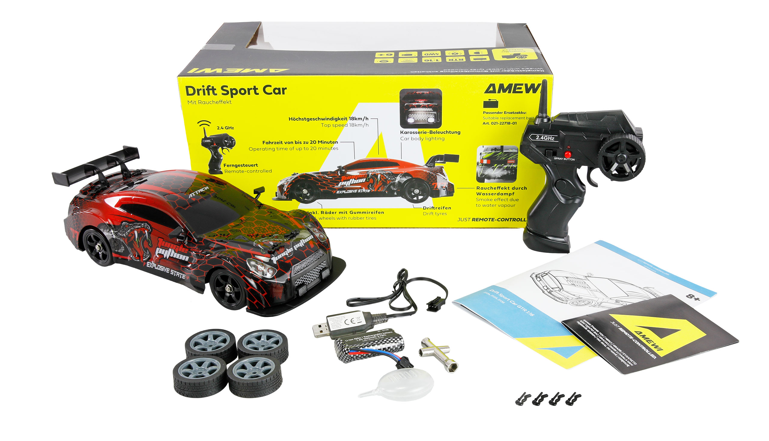 Thumbnail 678 f�r Radiostyrd bil - Drift Car GTR 4WD R&ouml;d - 1:16 - RTR