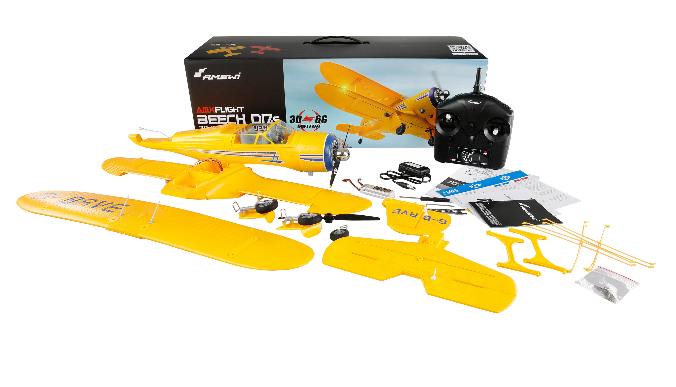 Thumbnail 681 f�r Radiostyrt flygplan - Beech D17S Dubbeld&auml;ckare 3D/6G BL Gul - RTF