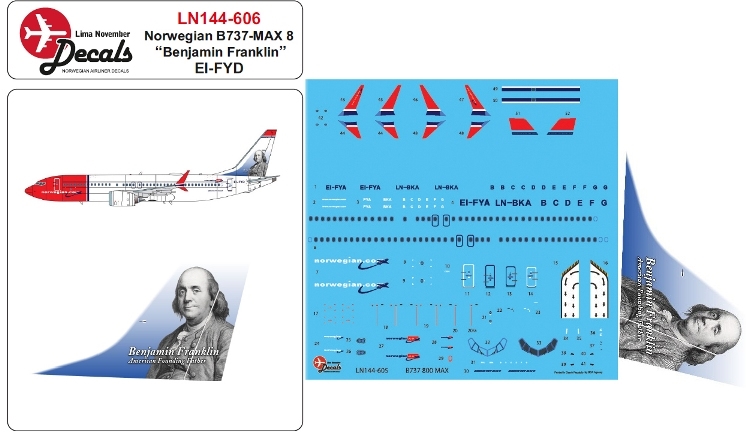 Byggmodell flygplan - Boeing 737-8 Max incl. Norwegian Tailhero Benjamin Franklin 1:144 Zvezda